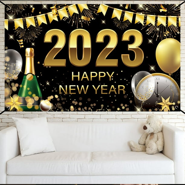 Happy New Year Decorations Banner Backdrop 2023, Happy New Year Large Black  and Gold Happy New Year Background for Party Photo Booth 