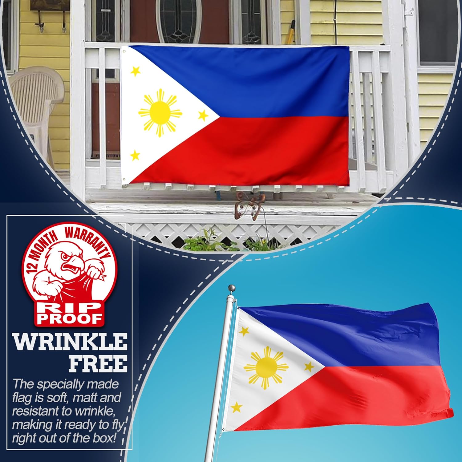 Anley Rip-Proof Technology Double Sided 3-Ply Philippines Flag 3x5 Foot - Filipino Philippine National Flags