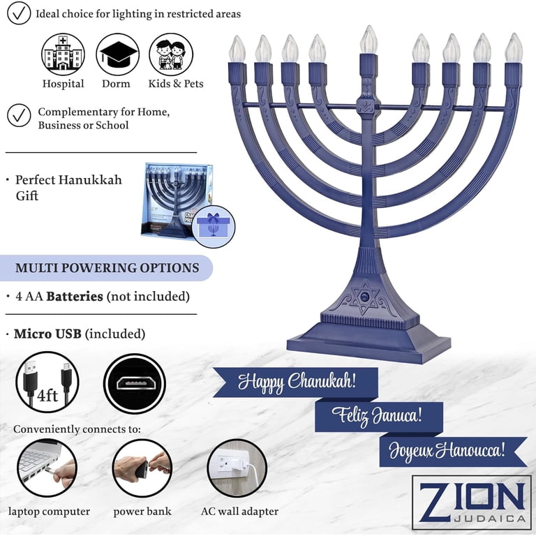Zion Judaica LED Menorah, Blue, Battery or USB Powered photo 7