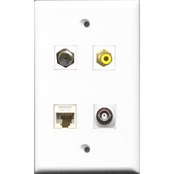 RiteAV 1 Port RCA Yellow and 1 Port Coax Cable TV- F-Type and 1 Port BNC and 1 Port Cat6 Ethernet White Wall Plate
