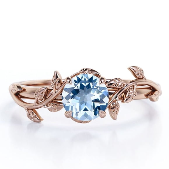 JeenMata Anillo de Compromiso con Forma de Hoja de Aguamarina Redonda de 0,50 Quilates y 4 Puntas, Creado en Laboratorio, Chapado en Oro Rosa de 18 K sobre Plata