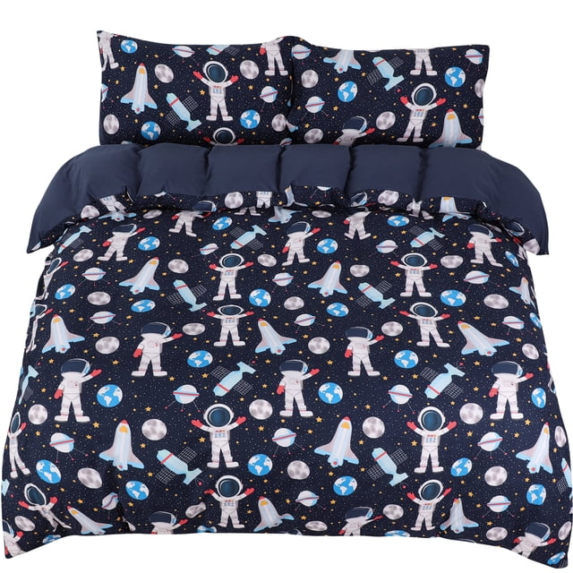 Unique Bargains 3 Piece Brushed Polyester Kids Bedding Duvet Cover Set Space Astronaut Pattern