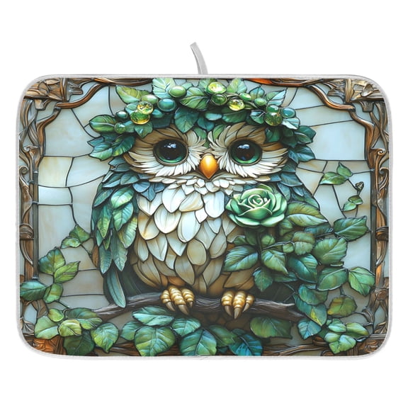 Ryvnso Owl Bohemia Green Dish Drying Mat for Kitchen Countertop 16x18 Small Dish Pad Drainer Rack Dish Sink Mats