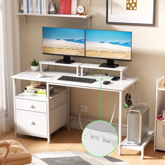 Satifur 47" White Computer Office Desk with Drawers & Charging Station, Gaming Desk with Movable Monitor Stands, Storage Shelves & File Cabinet