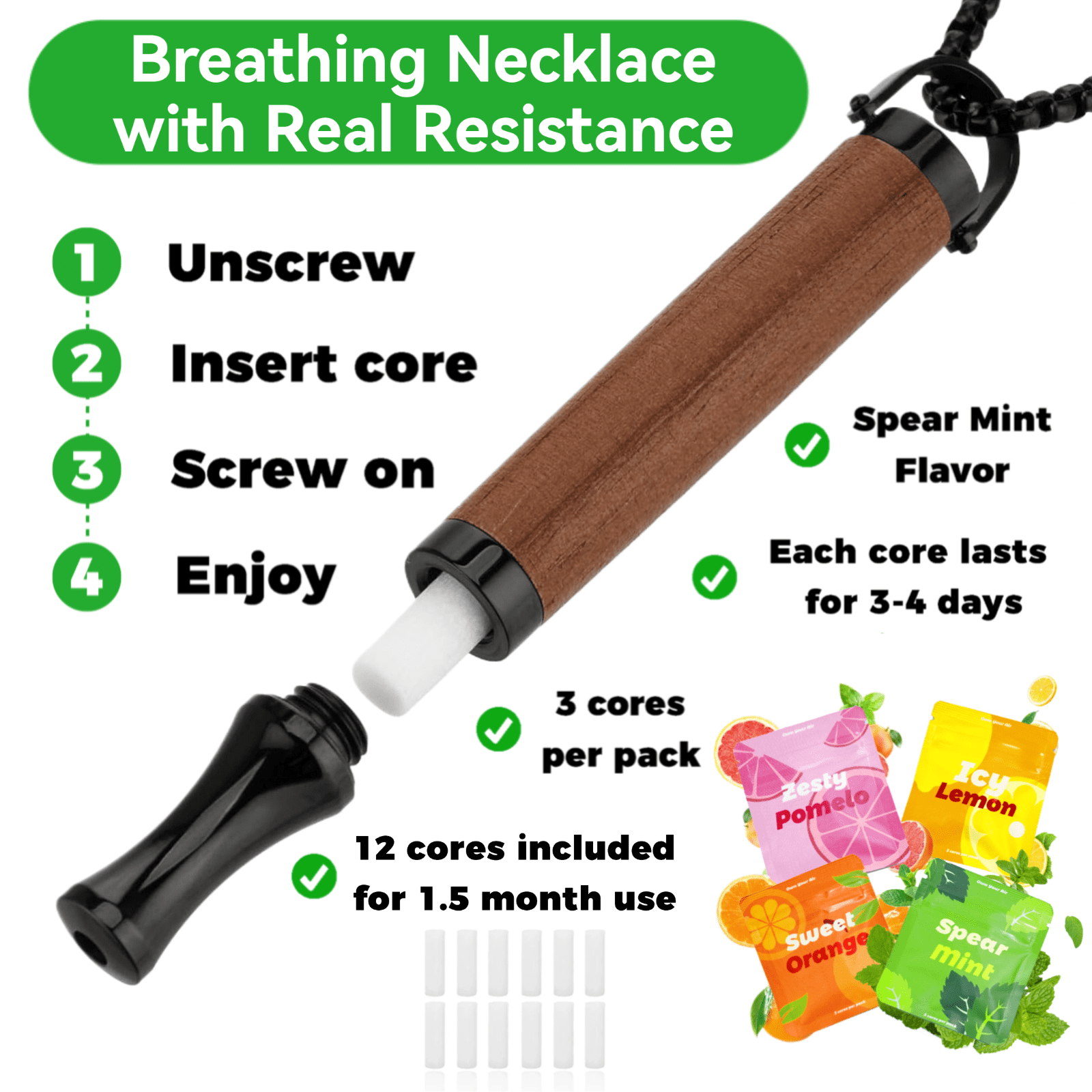 Breathing Necklace to Replace Bad Habit with 4 Packs Flavor Refillable Pods, Habit Support Necklace for Stress Relief Sensory Fidget for Adults