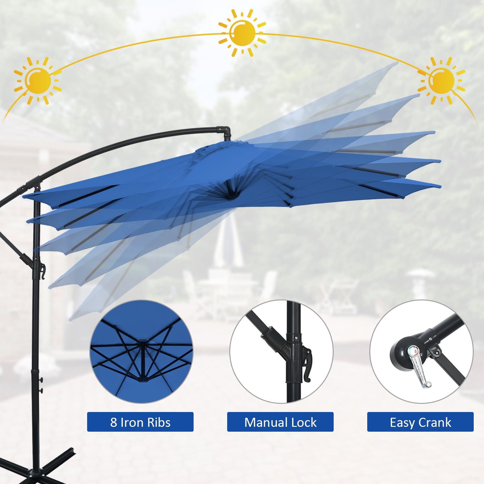 Patiojoy 10FT Patio Offset Umbrella 8 Ribs Cantilever Umbrella w/Crank for Poolside Yard Lawn Garden Navy
