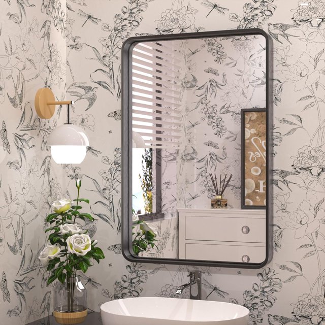 TETOTE 16 x 24 Inch Black Frame Mirror, Bathroom Vanity Mirror for Wall, Modern Round Corner Rectangle Matte Framed Mirror 2 Inch Thick(Horizontal/Vertical)