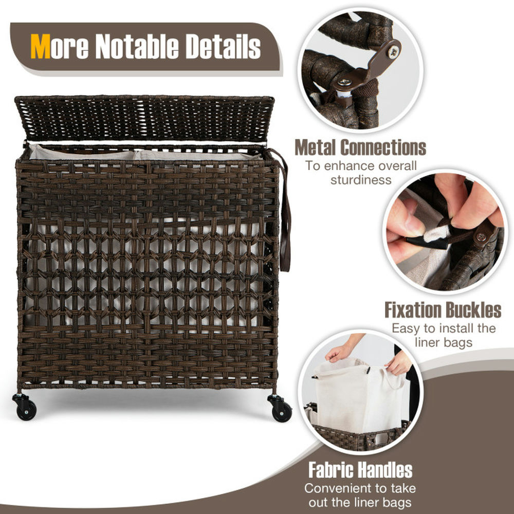 Finihen Laundry Hamper, Laundry Basket, 110L 2-Section Laundry Hamper with 2 Removable and Washable Liner Bags, for Bathroom, Laundry Room, Brown Finihen Laundry Hamper, Laundry Basket, 110L 2-Section Laundry Hamper with 2 Removable and Washable Liner Bags, for Bathroom, Laundry Room, Brown