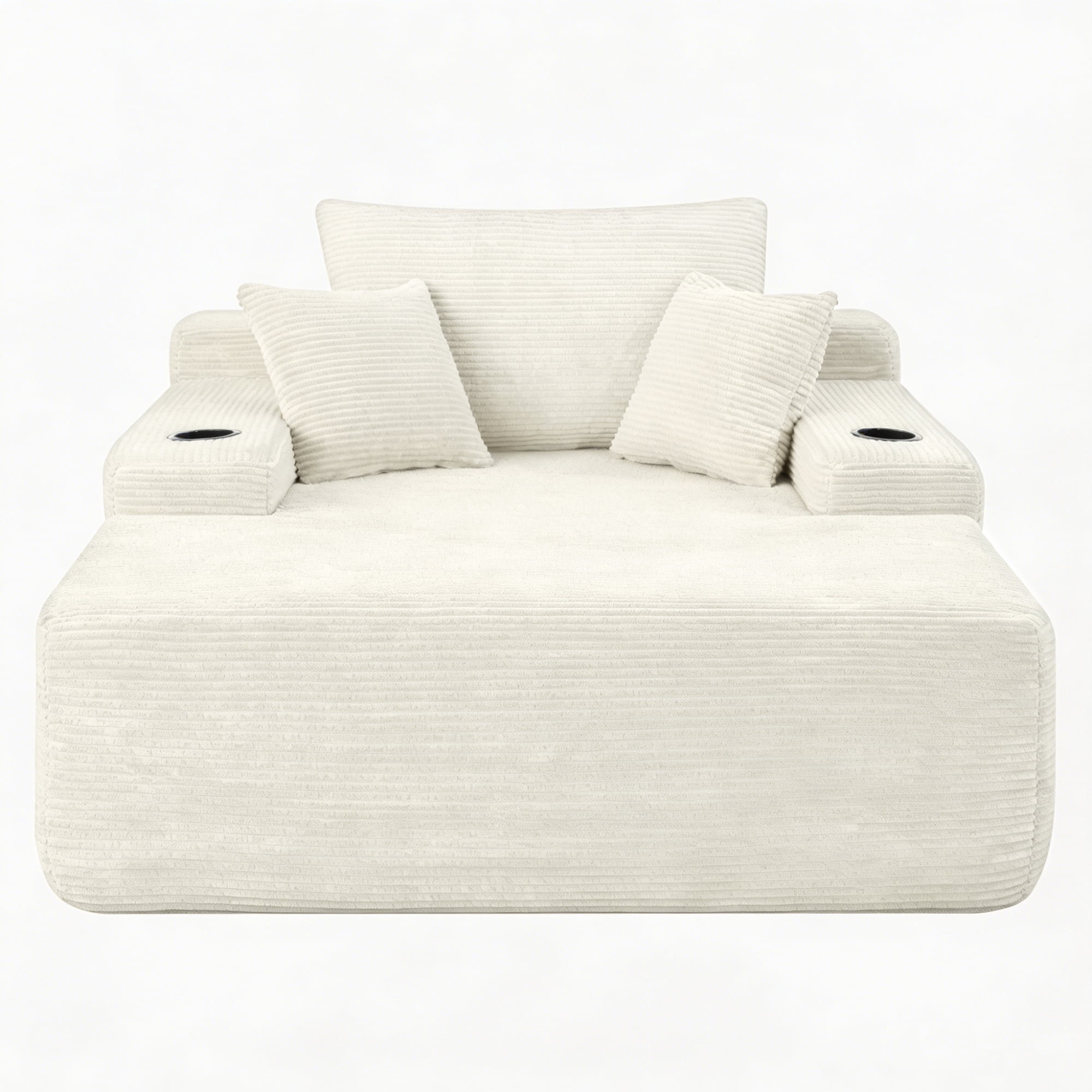 Leumius Oversized Chaise Lounge Chair Indoor,Upholstered Corduroy Cloud Couch Boneless Sofa Bed with Wide Armrest & Throw Pillows,Cup Holder for Living Room,Bedroom,No Assembly Required,Beige