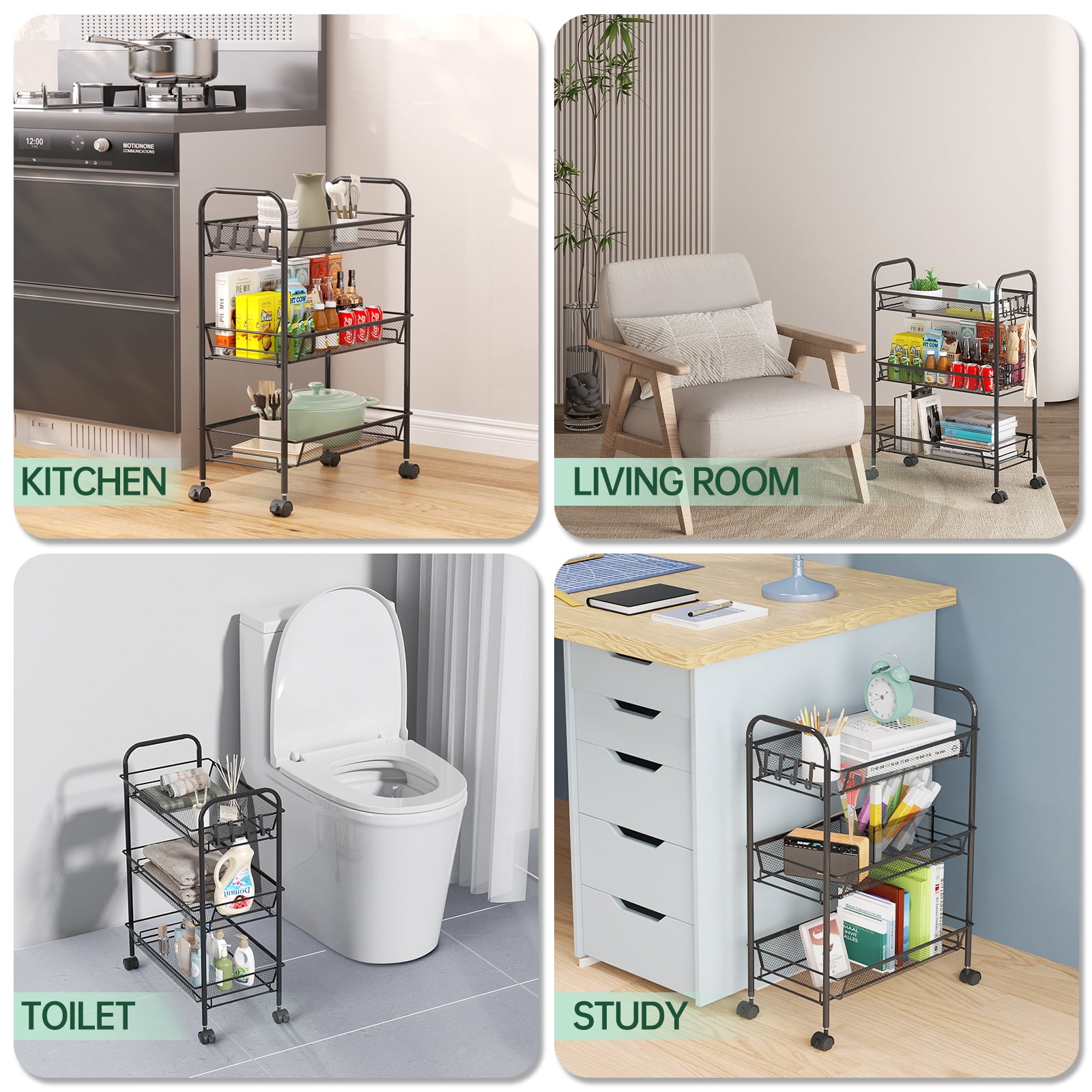 3-Tier Metal Slim Rolling Storage Cart, Bathroom Storage Organizer Rolling Utility/ Mobile Shelving Unit Slide Out Mesh Storage Cart for Office, Bathroom, Kitchen, Laundry Room & Narrow Places, Black