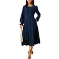 thumbnail image 2 of INSPIRE CHIC Women's Dress Crewneck Long Sleeves Frilled A-Line Midi Dresses with Pockets Dark Blue L, 2 of 6