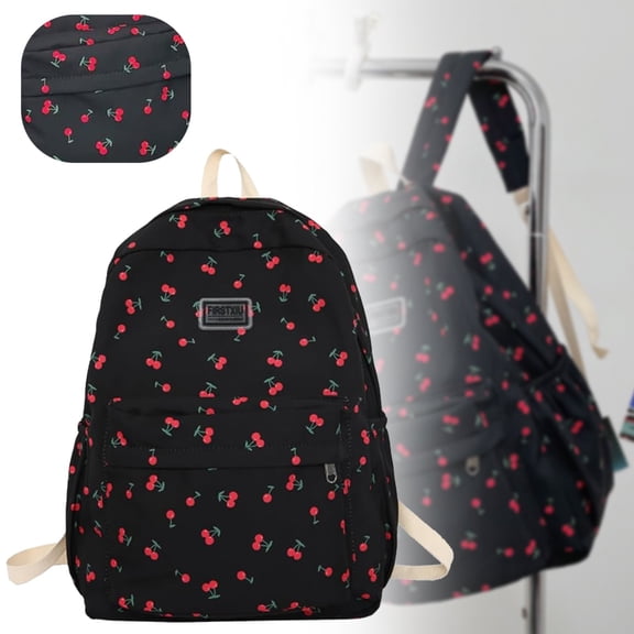 Cherry Print Backpack,Aesthetic Laptop Travel Daypack for Casual Use,Black,1PC