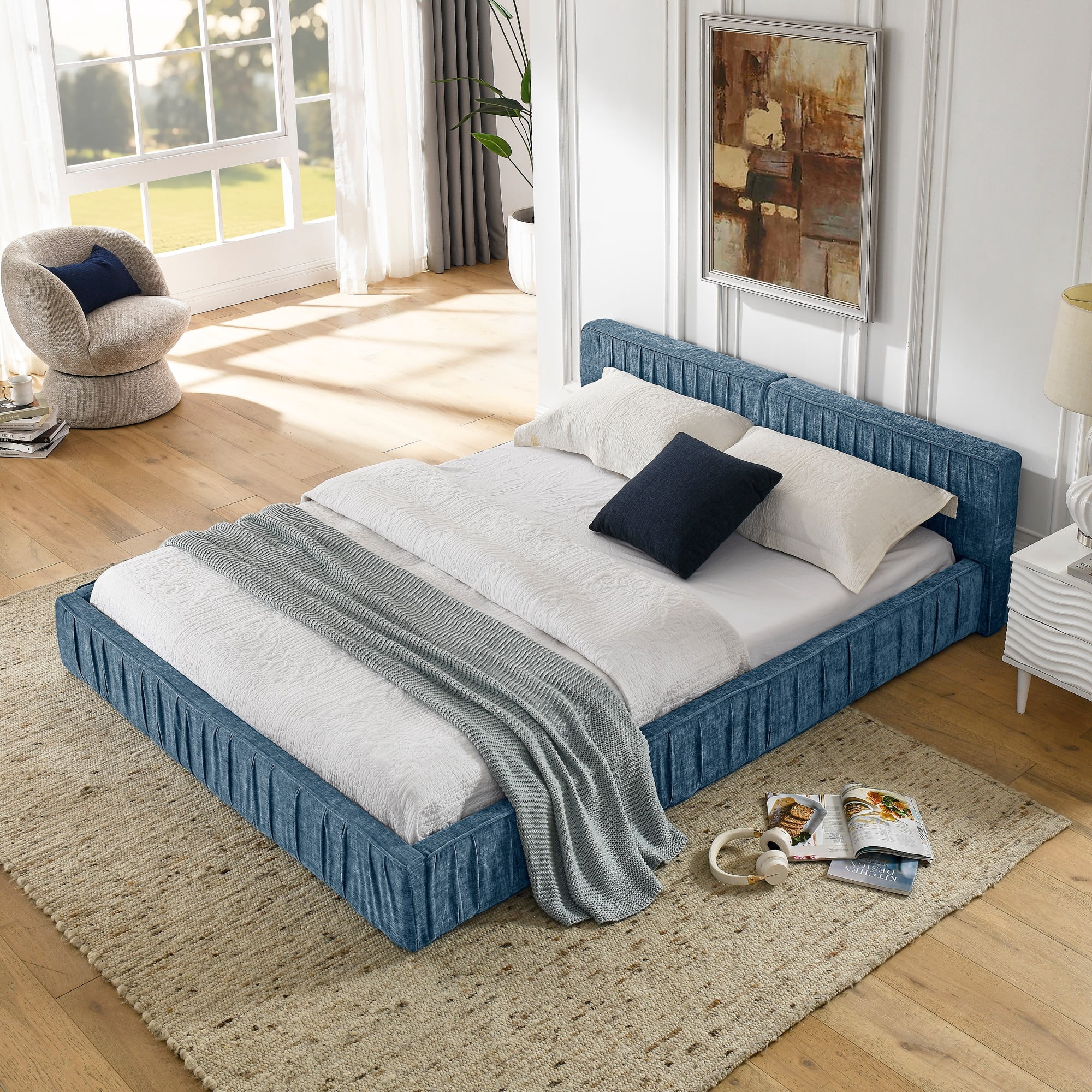 Aukfa Queen Size Upholstered Bed Frame, Low Profile Grounded Bed, Chenille Fabric Pleated Design Platform Bed, Blue