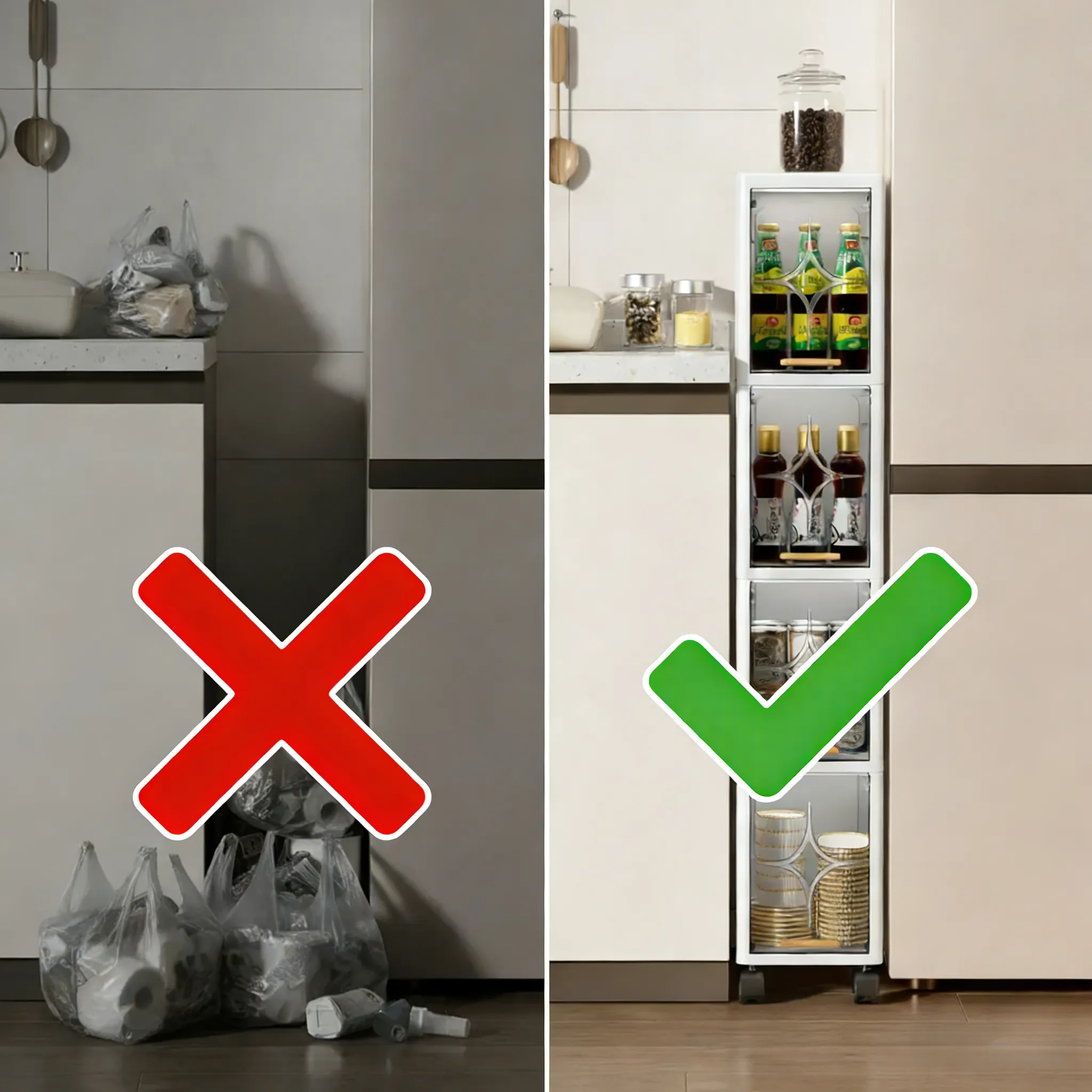 XHSGX 7.87" Slim Bathroom Storage Cabinet with Clear Doors, 4-Tier Tall Narrow Storage Cabinet for Small Space, Rolling Slim Storage Organizer, Easy Assembly, White