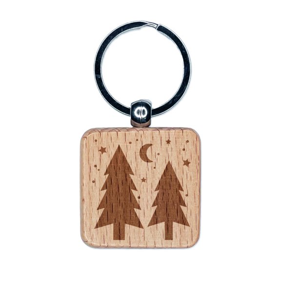 Evergreen Trees Night Sky Square Keychain Charm Tag - Engraved Wood
