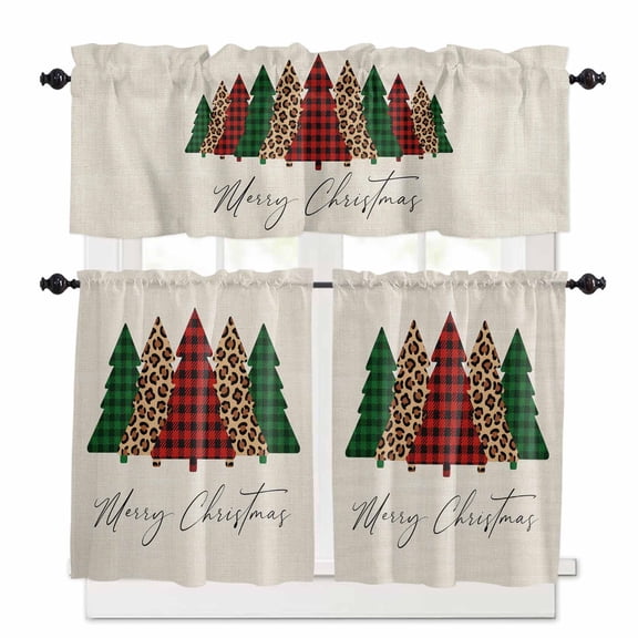 Christmas Curtain Valances Set Winter Christmas Tree Squirrel Snowflakes Watercolor Kitchen Curtains 36 inch Length Rod Pocket Valance and Tiers 3 Piece Set Small Bedroom Bathroom Laundry Decor