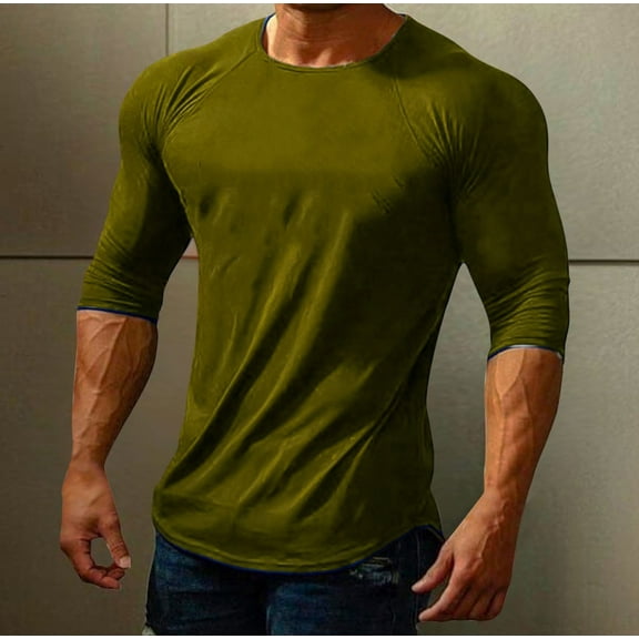 Zylanna Men's Long Sleeve T-Shirts, Solid Color Activewear Crew Neck Stretchy Casual Tops for Men Army Green