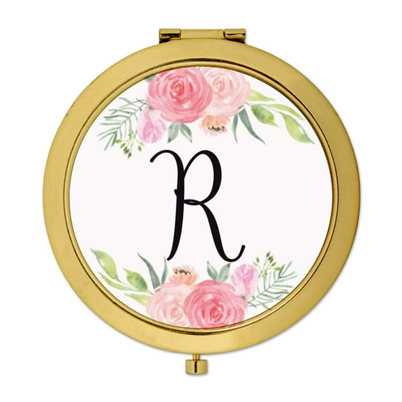 Koyal Wholesale Compact Mirror Bridesmaid's Wedding Gift, Gold, Monogram Letter R, Peach and Pink Roses, 1-Pack