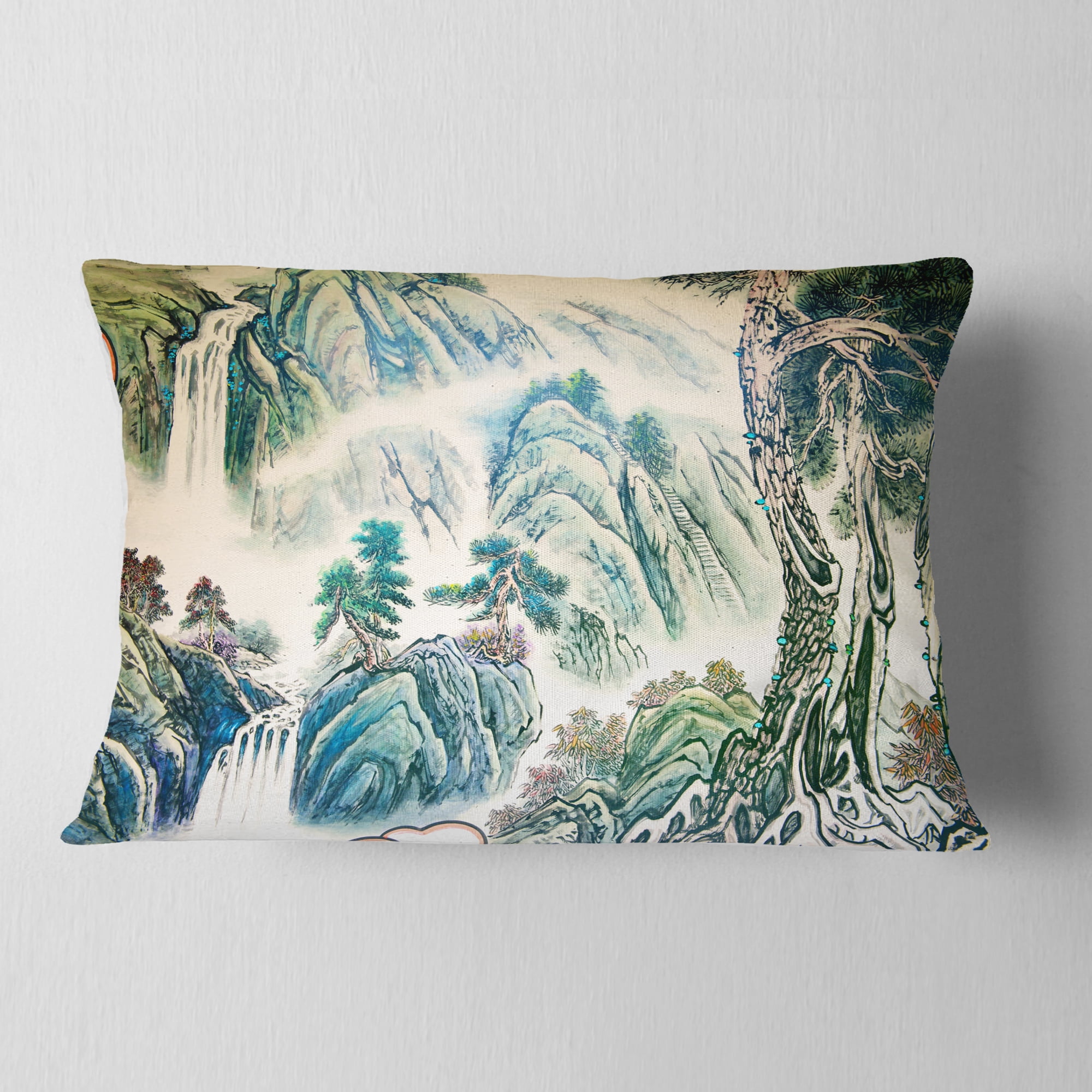 Designart Blue Chinese Landscape Painting - Floral Throw Pillow - 12x20
