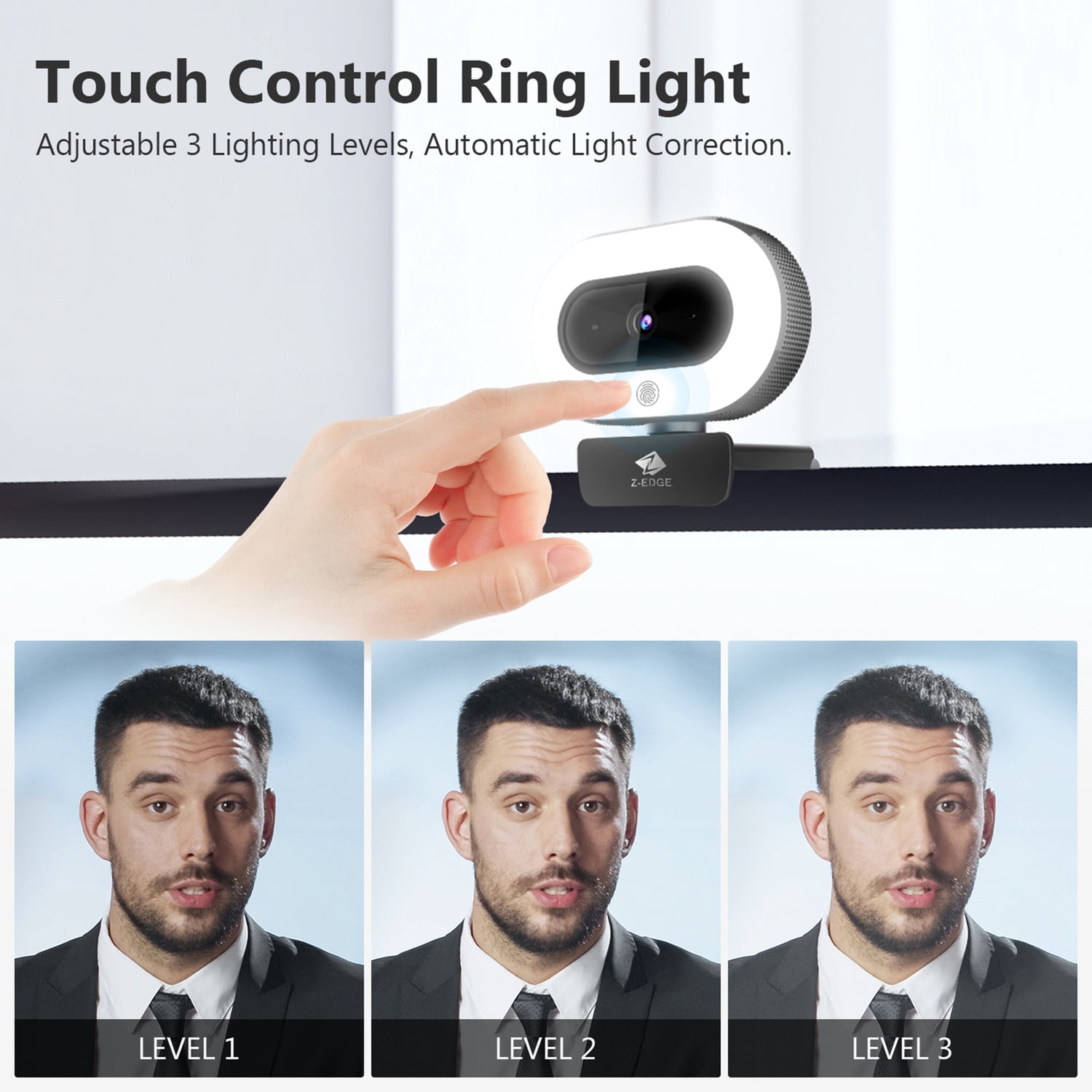 Z-EDGE Full HD 1080p 2.0-MP Auto-Focus Webcam and Ring Light with Full Directional Microphone, ZW560D, ZW560D