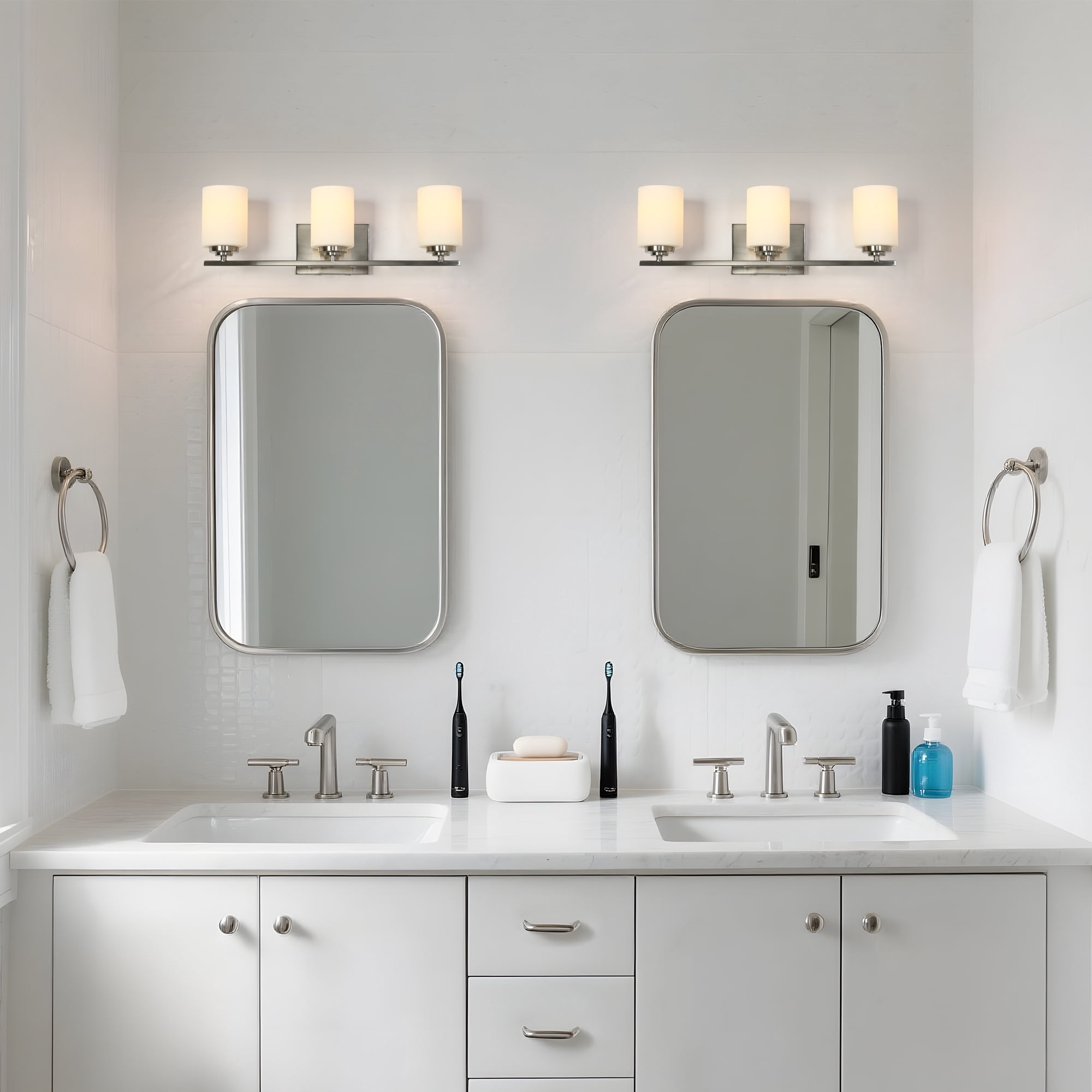 LNC 3-Light Bathroom Vanity Fixture with White Frosted Glass Shades, Brushed Nickel Finish