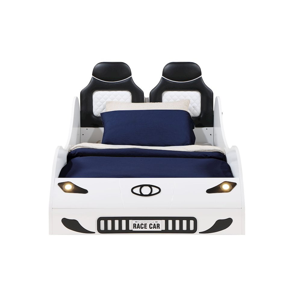 ACME Colen Transitional Pine Wood & Leather Upholstered Twin Car Bed in White