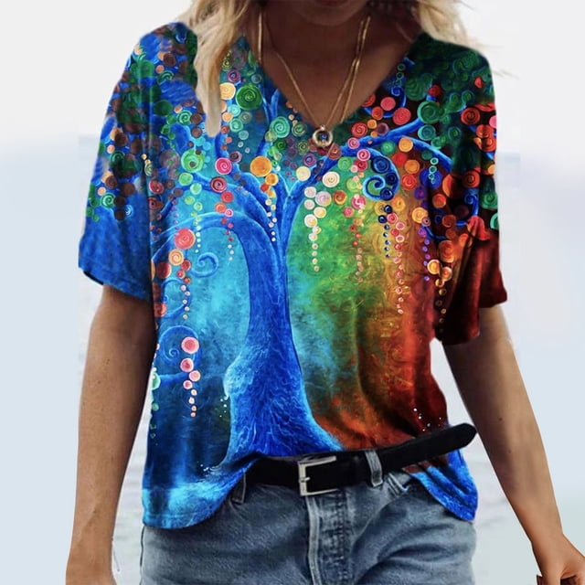 SMihono Hauts pour Femmes Été Décontracté Mode Féminine T-shirt Imprimé Manches Courtes Blouse Col Rond Hauts Décontractés T-shirt Oversize pour Femmes 2023