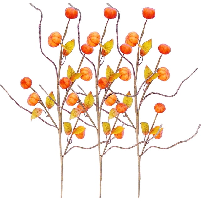 Kuyiluo - 3 ramas de calabaza artificiales para otoño, tallos de bayas de calabaza artificiales, adorno para relleno de jarrón