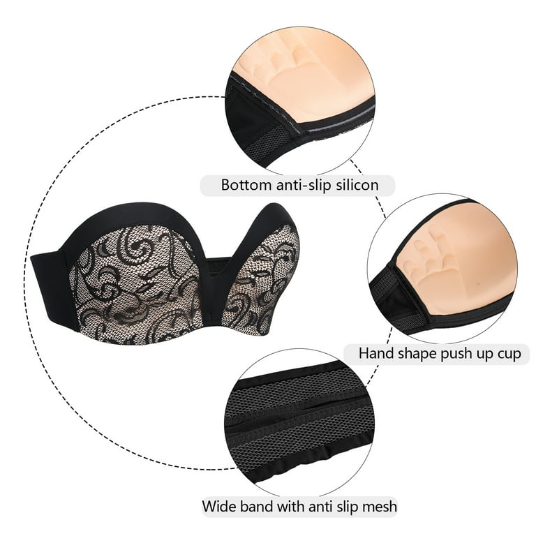 Exclare Lace Embroidery Wirefree Anti-slip Push Up Strapless Bra Women Hand  Shape Everyday Bras Custom Lift(Beige-Lace Black,38D）