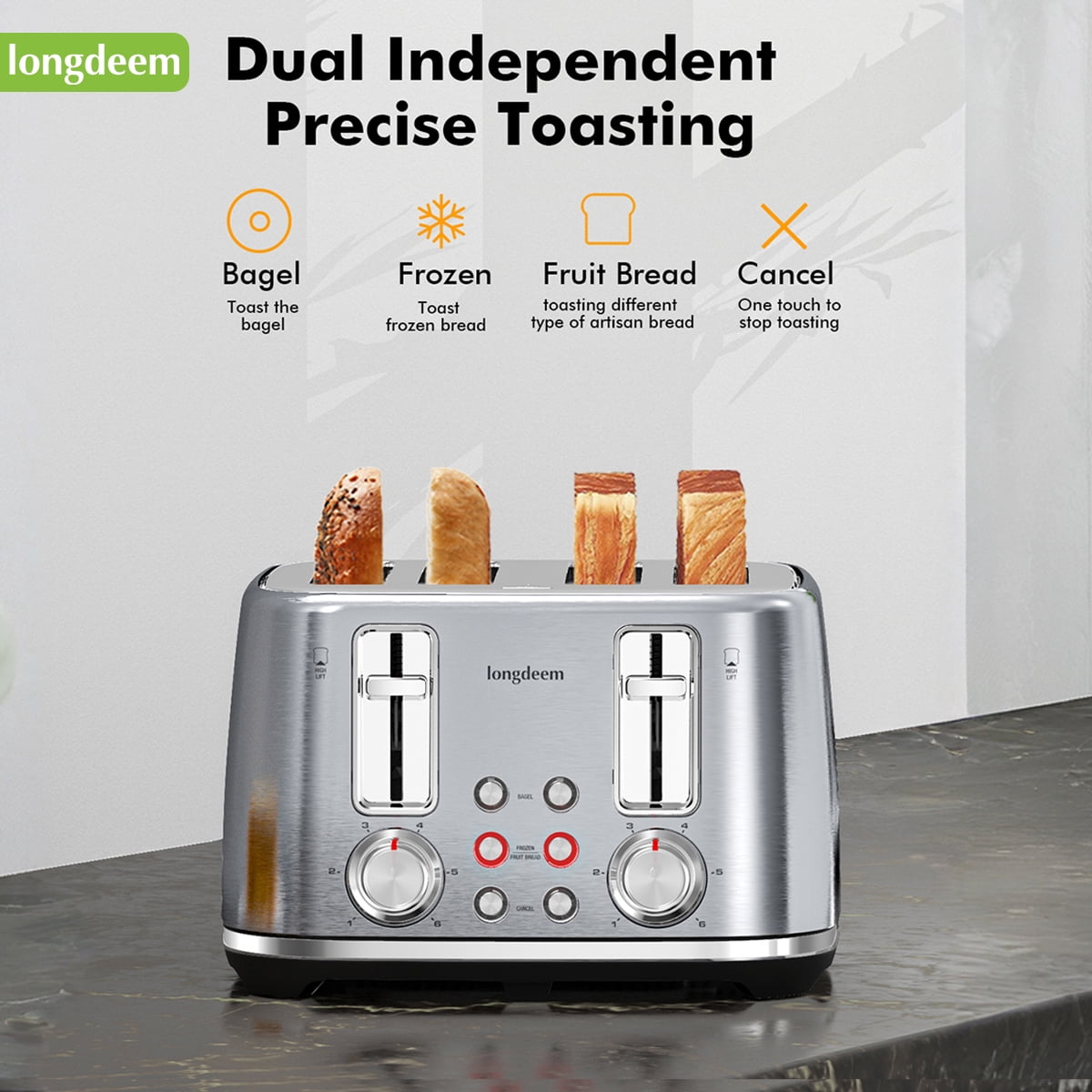 LONGDEEM 4 Slice Toaster - 6 Browning Levels, Wide Slots, High Lift Lever - Silver