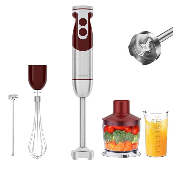 MegaWise Mélangeur à Main à Immersion 5-en-1 avec Vitesse Variable, 400 W, Acier Inoxydable - Comprend Hachoir, Fouet, Mousseur à Lait et Bécher - Idéal pour