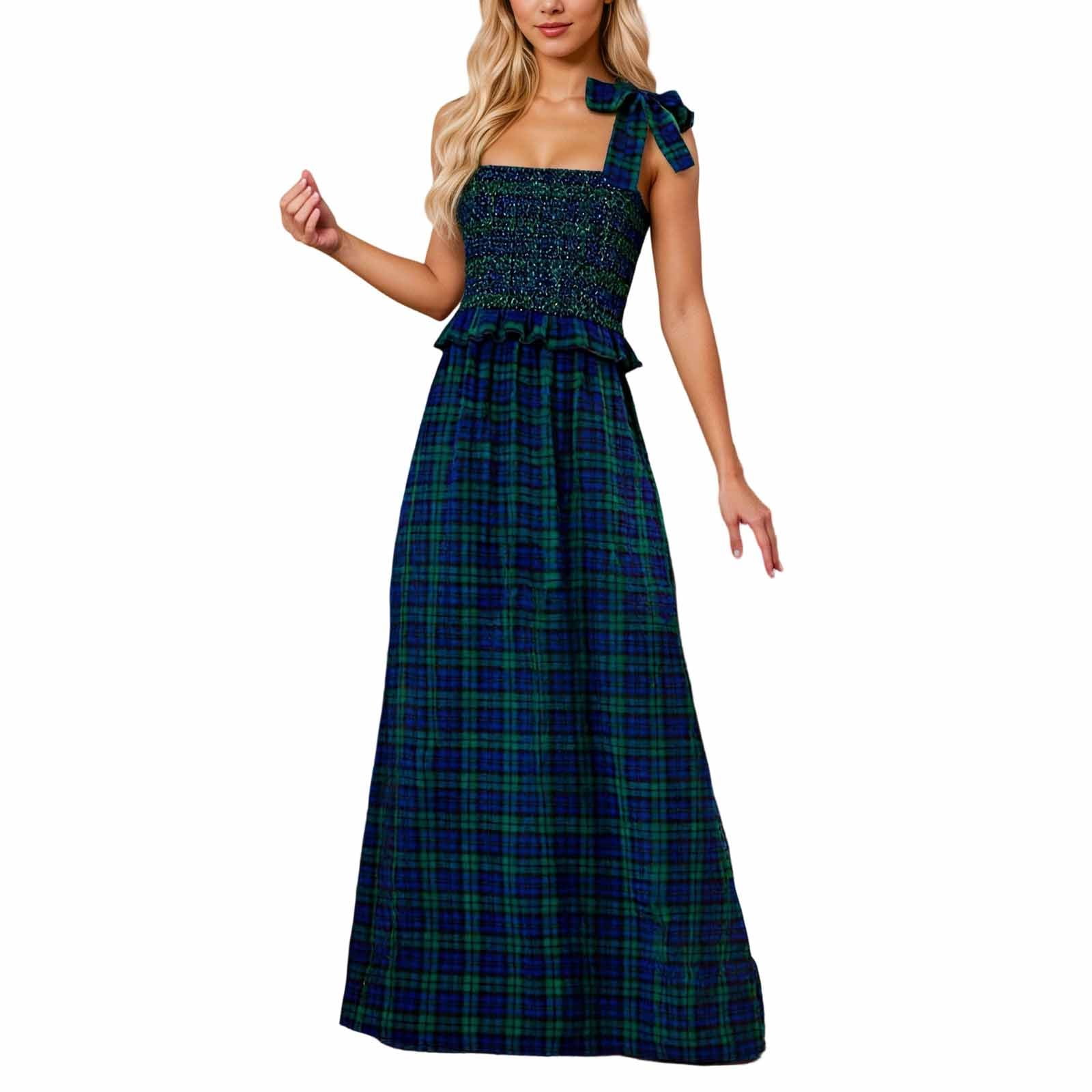 Letdown Women Plaid Maxi Dress Casual Square Neck Lace-Up Sleeveless Flowy Dress Christmas Checkered Backless Ruffle Long Dresses (Green,M)