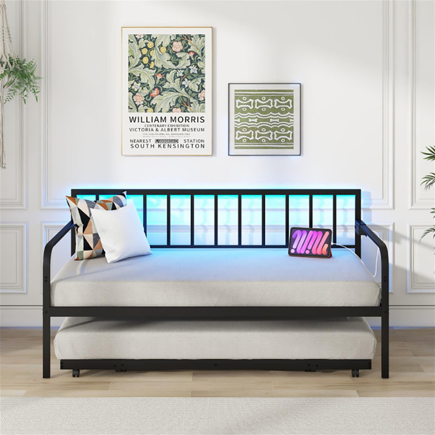 Demi Bonn Twin Daybed with Charging Station and LED Lights, Modern Bed Frame for Teens, Black