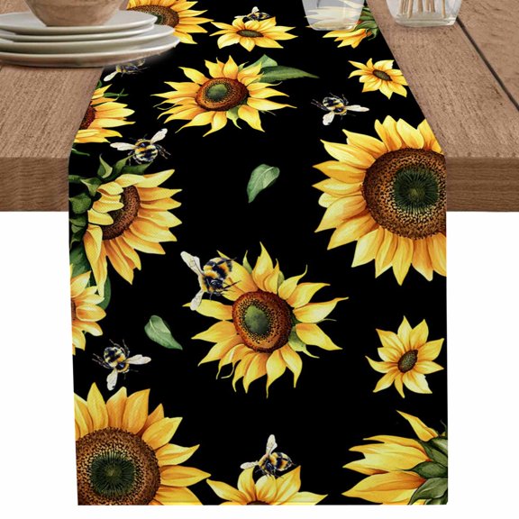 nqOlkjepod Sunflower Black Table Runner 120 Inches Long Farmhouse Dress Scarves, Yellow Petals Floral Farmhouse Bee Dining Tablerunner for Coffee Table/Kitchen Island/Party Décor, 13" x 120"