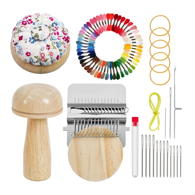 Hioecau Mini Darning Loom Kit Wooden Darning Mushroom Knit Patch Maker Kit Weaving Loom with 50 Color Threads Large Eye Needles for Mending Socks Sweaters Jeans Handcraft DIY Repair