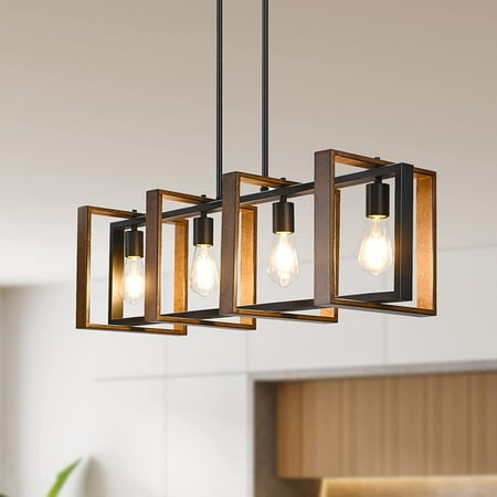 

RUIHONGQING 35.4 Dining Room Light Fixture 4-Light Adjustable Kitchen Island Lighting Rustic Wood and Black Mental Finish Farmhouse Pendant Lights for Kitchen Island Cafe