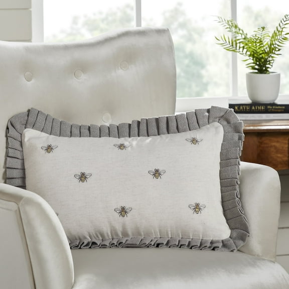 VHC Brands Embroidered Bee, Farmhouse Throw Pillow, Honey Bees, Grey & Yellow, 14x23