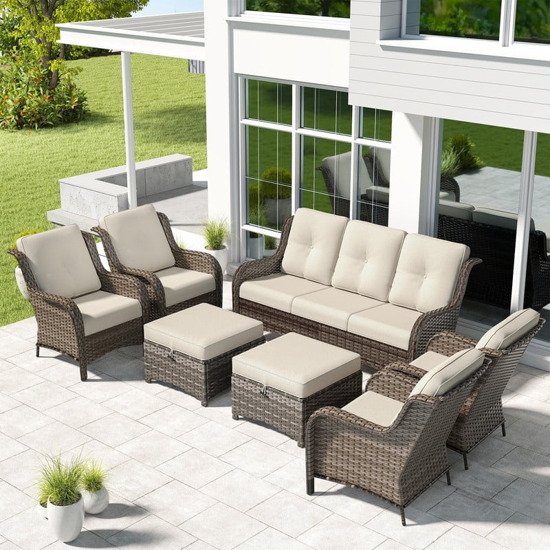 Meetleisure 7 Piece Wicker Patio Furniture Set, Rattan Chairs with 3-Seater Sofa, Ottomans, High Back, Deep Seating, Wide Armrest, Thick Cushions for Deck Porch, Beige