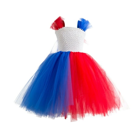 

YWDJ 2-12Years Girl Dress Kids Fashion Cute Stitching Color Frenulum Mesh Hollow Out Princess Dress Blue 4-5 Years