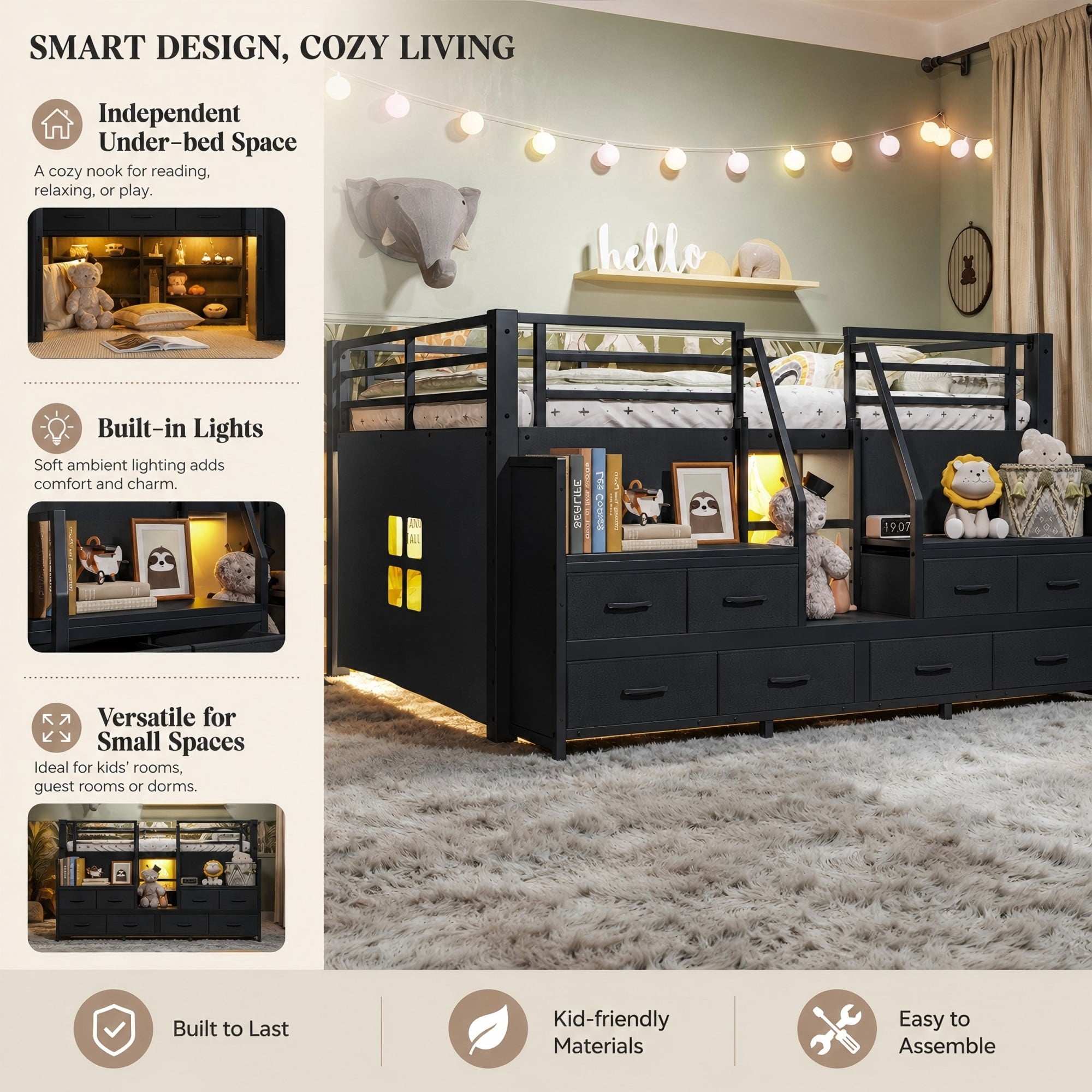Aukfa Full Size Loft Bed with 8 Storage Drawers, Shelves & LED Lights, Metal Low Loft Bed for Kids Bedroom, Black