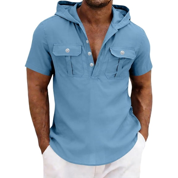 Men's Linen-Cotton Hooded Shirt V-Neck Short Sleeve Shirt Solid Button-Up Casual Summer Top with Chest Pockets,S,Light Blue