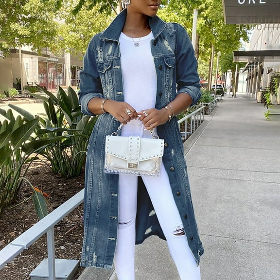 Brilliant Plus Size Clearance Long Denim Jackets for Women Denim Dress Tops Women's Mid Length Casual Handsome Distressed Long Trench Coat Blue L