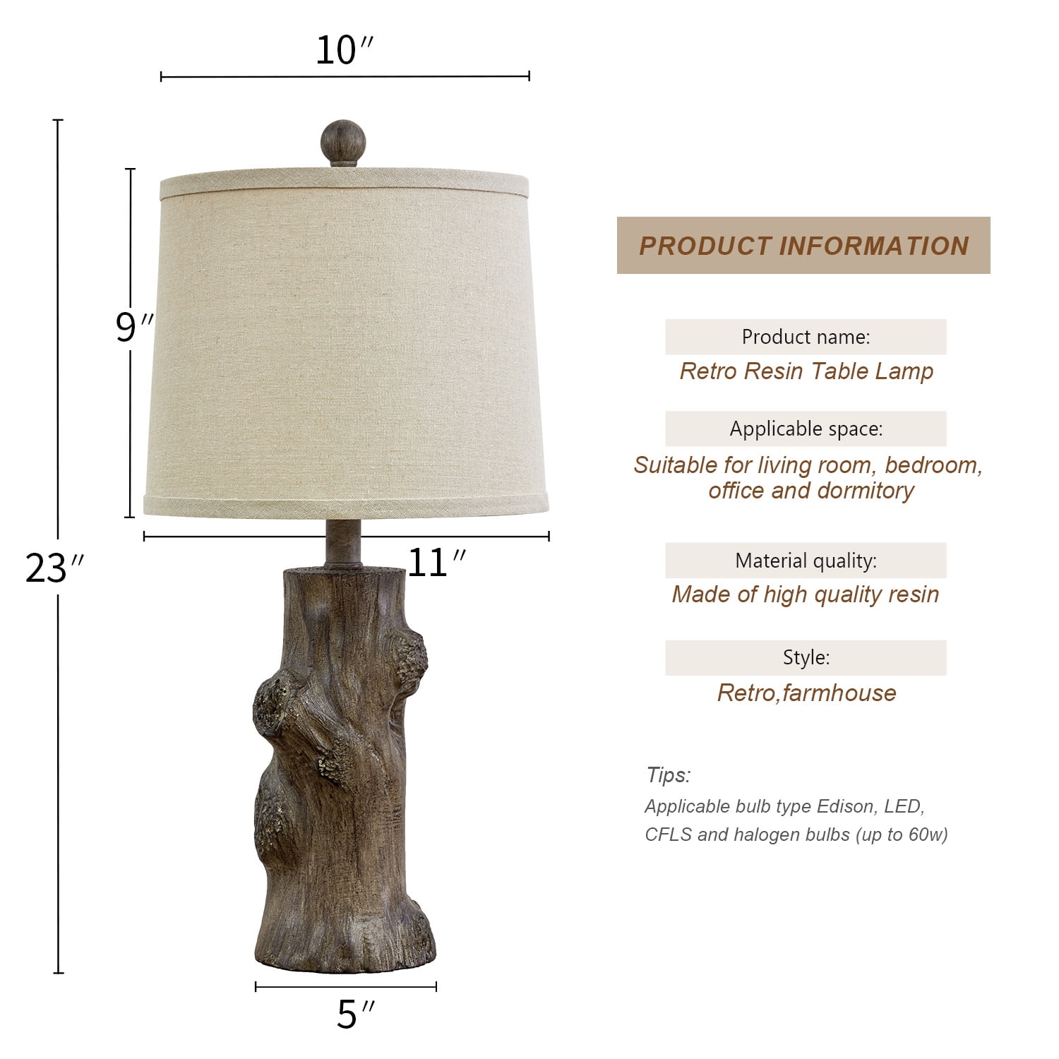 Oneach Farmhouse Resin Table Lamp Set of 2 for Living Room Bedroom 23" Tree Trunk Wood Grain Rustic Nightstand Bedside Lamps with Lamp Shades