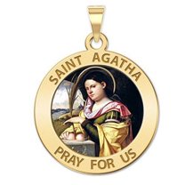 PicturesOnGold.com Saint Agatha Round Religious Medal Color - 3/4 Inch Size of a Nickel -Solid 14K Yellow Gold