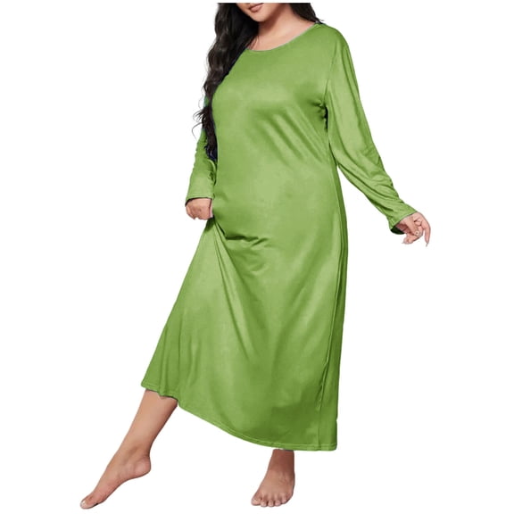 Oksale Plus Size Nightgown Women Loose Long Sleeve Midi Pajama Dress Casual Crewneck Solid Color Nightgowns Lightweight Comfortable Sleepwear Green XL
