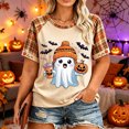 thumbnail image 2 of IYYVV Womens Fall Halloween Crew Neck Shirt Holiday Funny Pumpkin Ghost Graphic Tee Casual Short Sleeve Autumn Tops Brown L, 2 of 6