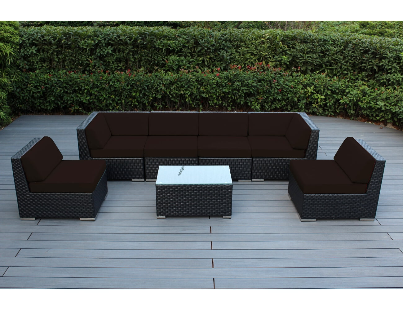 Ohana 7 Piece Outdoor Wicker Patio Furniture Sectional Conversation Set - Black Wicker