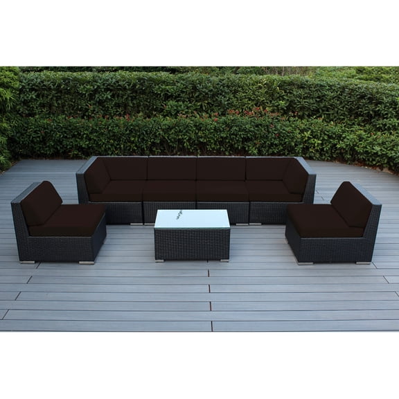 Ohana 7 Piece Outdoor Wicker Patio Furniture Sectional Conversation Set - Black Wicker