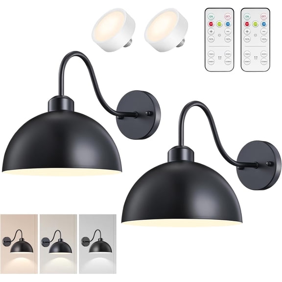 NookNova 2 Pack LED Battery Operated Wall Sconces with Remote Control, Dimmable Wireless Wall Lamp Wall Light Fixture, Industrial Black Metal Lampshade Wall Lighting for Bedroom, Living Room, Hallway