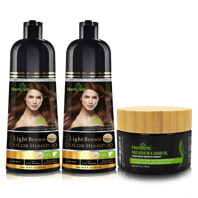 Herbishh Champú tinte capilar + 1pc Mascarilla capilar de argán - Tinte para el Cabello Combo Pack-2pcs (Café Claro)